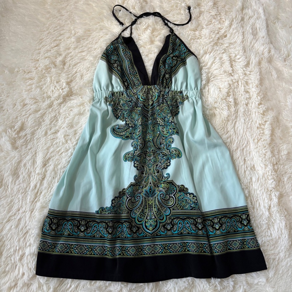 Dotti Paisley Halter Swim Cover Up Dress Aqua Blue Green Black Size Large